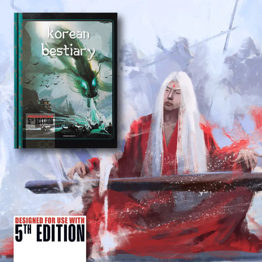 Cover art for the Korean Bestiary 5E, featuring 41 original monsters and creatures inspired by Korean folklore, fully compatible with dnd 5e and dnd5e rules for tabletop roleplaying. a4play.com