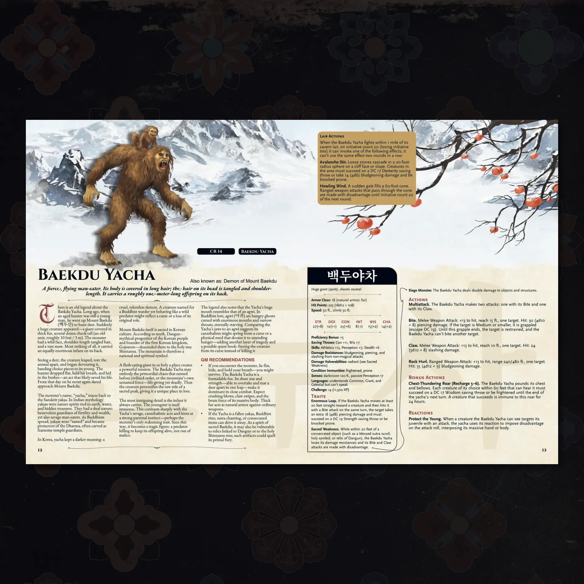 Book spread featuring Baekdu Yacha, a unique dnd monster from the Korean Bestiary 5E dnd 5e book. The left page shares Baekdu Yacha’s legend, origins, and folklore, while the right page presents a detailed dnd 5e stat block and adventure hooks. Perfect for players and collectors searching for dnd books, dnd books 5e, dnd 5e books, d&d monster lore, dnd monsters, d and d monsters, and new dungeons and dragons monsters to expand their tabletop campaigns; a4play.com
