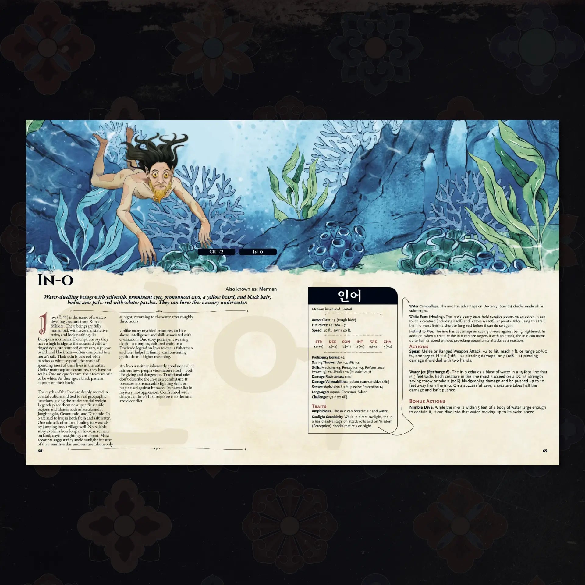 Book spread featuring Ino, a unique dnd monster from the Korean Bestiary 5E dnd 5e book. The left page shares Ino’s legend, origins, and folklore, while the right page presents a detailed dnd 5e stat block and adventure hooks. Perfect for players and collectors searching for dnd books, dnd books 5e, dnd 5e books, d&d monster lore, dnd monsters, d and d monsters, and new dungeons and dragons monsters to expand their tabletop campaigns; a4play.com