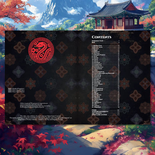 Book spread featuring the Korean Bestiary 5E, a unique dnd monster resource from the a4play.com collection. The left page shares an organized list of 41 monsters including Imugi, Maegu, and Pulgae with their folklore origins, while the right page presents a guide to their detailed dnd 5e stat blocks and adventure hooks. Perfect for players and collectors searching for dnd books, dnd books 5e, dnd 5e books, d&d monster lore, dnd monsters, d and d monsters, and new dungeons and dragons monsters to expand thei