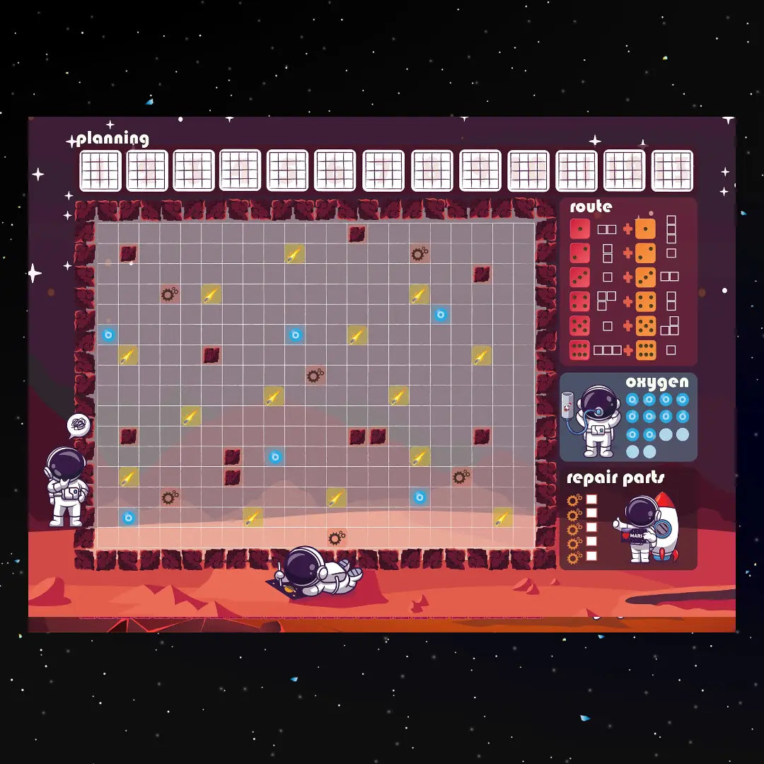 Game sheet for "Micro Mars" showing a map of open space, sectors to explore, routes to trace, and areas for collecting starship repair parts. Players use this sheet to mark their progress while playing. a4play