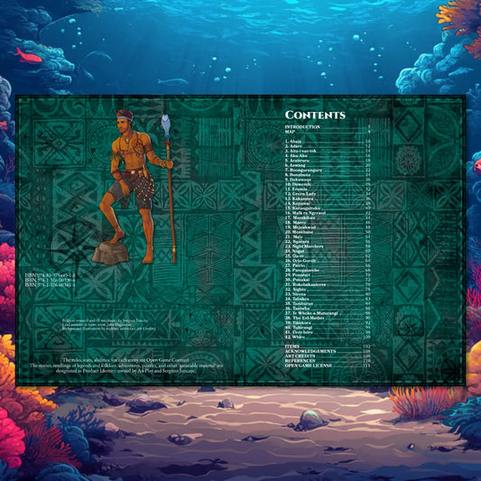 Book spread featuring the Oceanian Bestiary 5E, a unique dnd monster resource from the a4play.com collection. The left page shares an organized list of monsters including Abaia, Adaro, Taniwha, and Whiro with their folklore origins, while the right page presents a guide to their detailed dnd 5e stat blocks and adventure hooks. Perfect for players and collectors searching for dnd books, dnd books 5e, dnd 5e books, d&d monster lore, dnd monsters, d and d monsters, and new dungeons and dragons  a4play.com