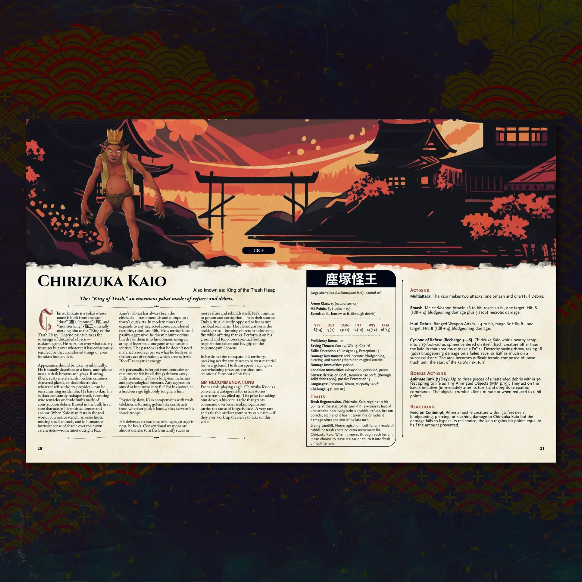 Book spread featuring Chirizuka Kaio, a unique dnd monster from the Yokai Bestiary 5E (Book Two) dnd 5e book. The left page shares Chirizuka Kaio’s legend, origins, and folklore, while the right page presents a detailed dnd 5e stat block and adventure hooks. Perfect for players and collectors searching for dnd books, dnd books 5e, dnd 5e books, d&d monster lore, dnd monsters, d and d monsters, and new dungeons and dragons monsters to expand their tabletop campaigns; a4play.com