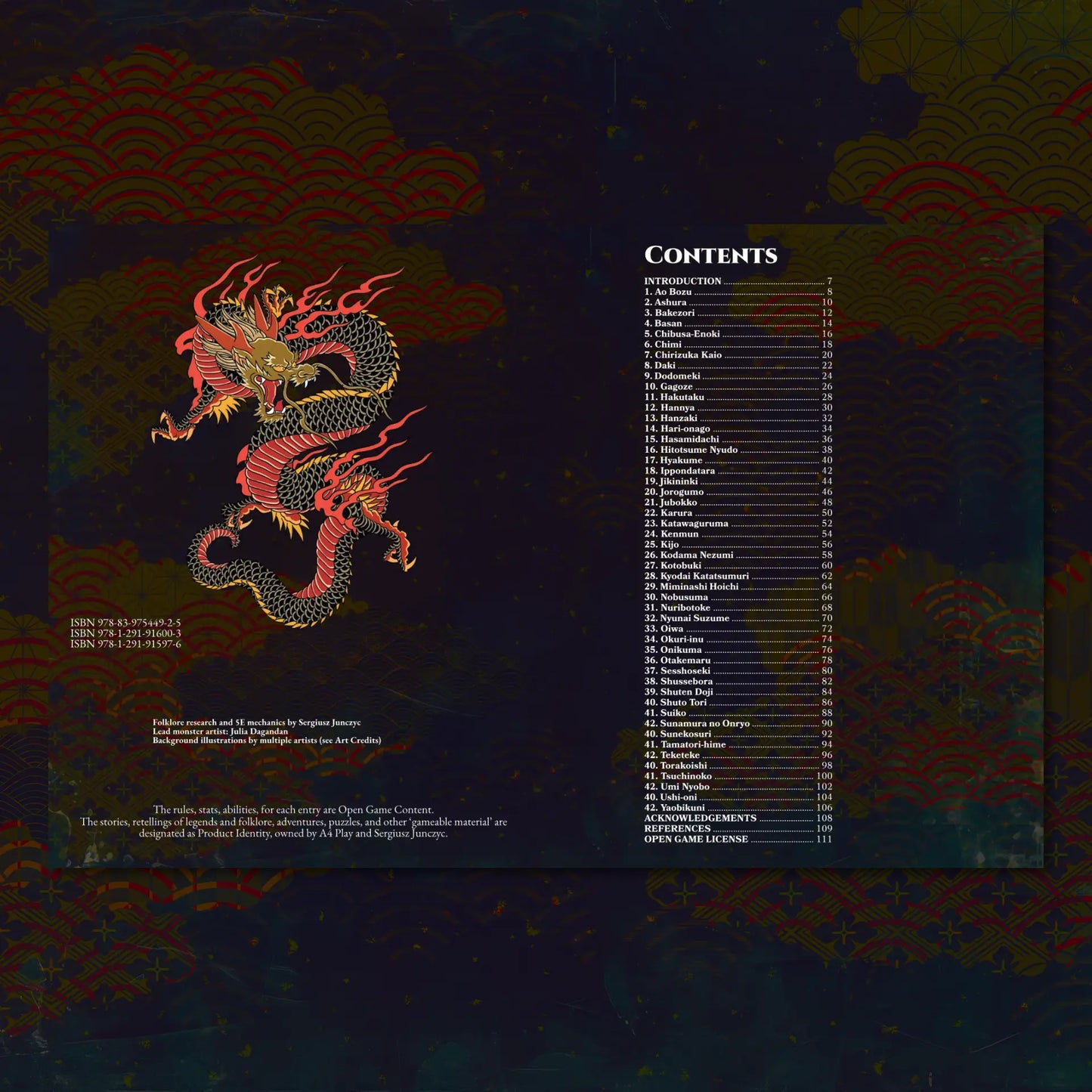 Book spread featuring the Yokai Bestiary 5E (Book Two), a unique dnd monster resource from the a4play.com collection. The left page shares an organized list of yokai monsters with their folklore origins, while the right page presents a guide to their detailed dnd 5e stat blocks and adventure hooks. Perfect for players and collectors searching for dnd books, dnd books 5e, dnd 5e books, d&d monster lore, dnd monsters, d and d monsters, and new dungeons and dragons monsters to expand their tabletop campaigns; 