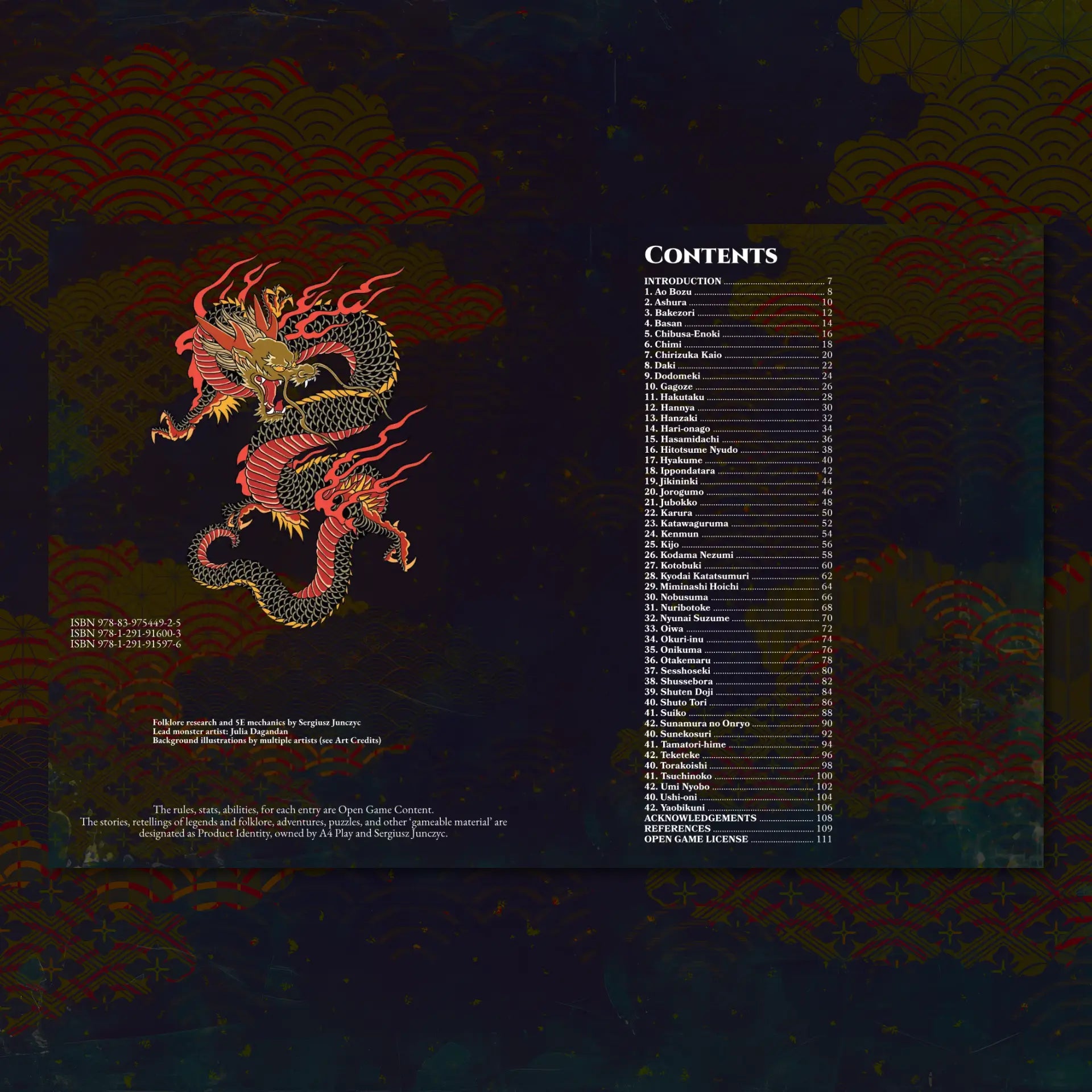 Book spread featuring the Yokai Bestiary 5E (Book Two), a unique dnd monster resource from the a4play.com collection. The left page shares an organized list of yokai monsters with their folklore origins, while the right page presents a guide to their detailed dnd 5e stat blocks and adventure hooks. Perfect for players and collectors searching for dnd books, dnd books 5e, dnd 5e books, d&d monster lore, dnd monsters, d and d monsters, and new dungeons and dragons monsters to expand their tabletop campaigns; 