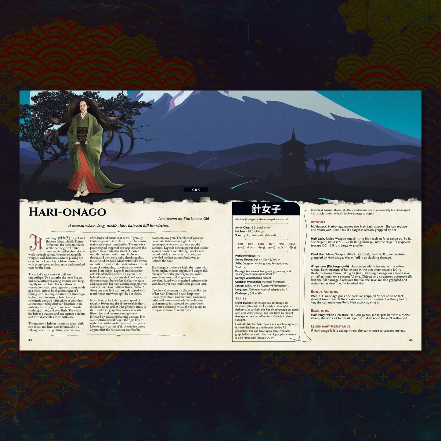 Book spread featuring Hari-onago, a unique dnd monster from the Yokai Bestiary 5E (Book Two) dnd 5e book. The left page shares Hari-onago’s legend, origins, and folklore, while the right page presents a detailed dnd 5e stat block and adventure hooks. Perfect for players and collectors searching for dnd books, dnd books 5e, dnd 5e books, d&d monster lore, dnd monsters, d and d monsters, and new dungeons and dragons monsters to expand their tabletop campaigns; a4play.com