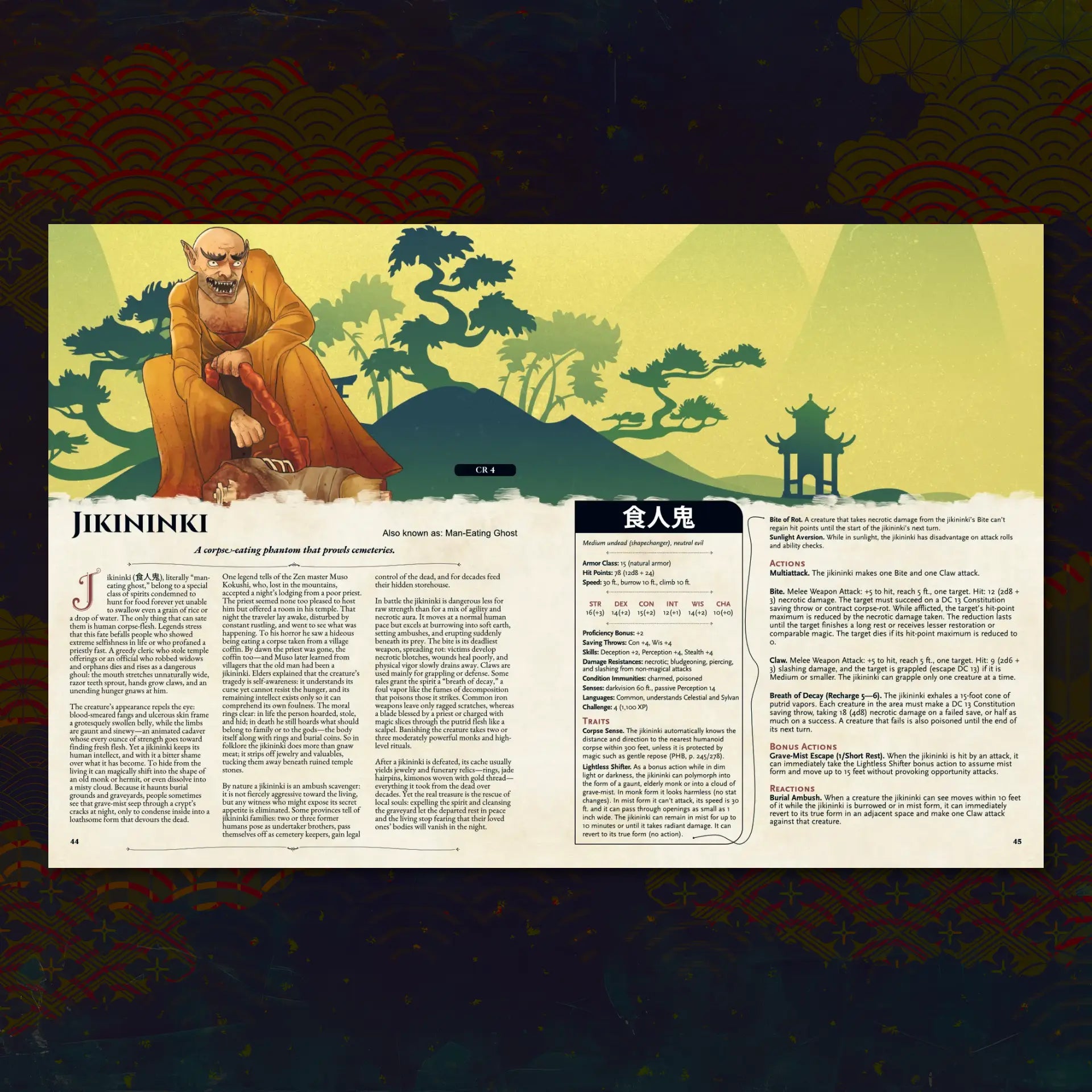 Book spread featuring Jikininki, a unique dnd monster from the Yokai Bestiary 5E (Book Two) dnd 5e book. The left page shares Jikininki’s legend, origins, and folklore, while the right page presents a detailed dnd 5e stat block and adventure hooks. Perfect for players and collectors searching for dnd books, dnd books 5e, dnd 5e books, d&d monster lore, dnd monsters, d and d monsters, and new dungeons and dragons monsters to expand their tabletop campaigns; a4play.com