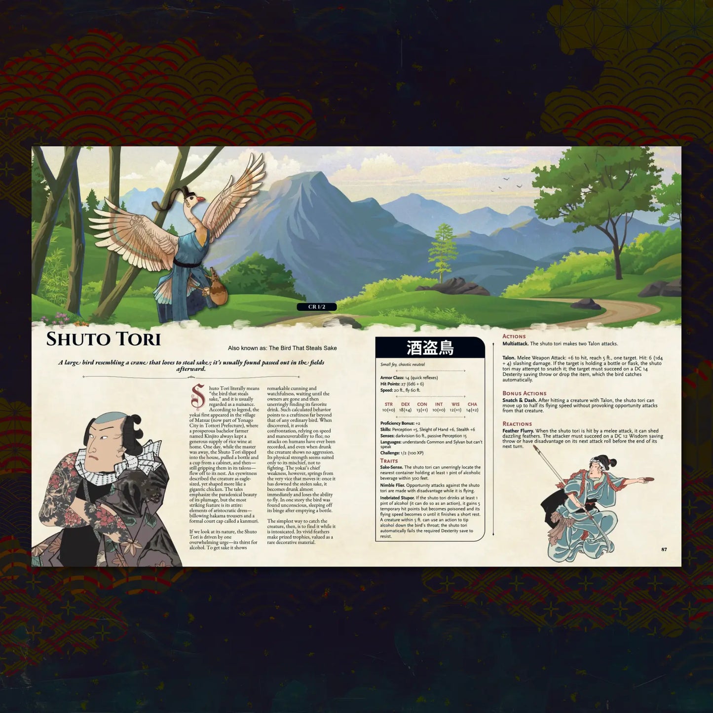 Book spread featuring Shuto Tori, a unique dnd monster from the Yokai Bestiary 5E (Book Two) dnd 5e book. The left page shares Shuto Tori’s legend, origins, and folklore, while the right page presents a detailed dnd 5e stat block and adventure hooks. Perfect for players and collectors searching for dnd books, dnd books 5e, dnd 5e books, d&d monster lore, dnd monsters, d and d monsters, and new dungeons and dragons monsters to expand their tabletop campaigns; a4play.com