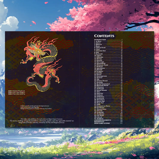 Book spread featuring the Yokai Bestiary 5E (Book Two) Contents, a unique dnd monster resource from the a4play.com collection. The left page shares an organized list of yokai monsters with their folklore origins, while the right page presents a guide to their detailed dnd 5e stat blocks and adventure hooks. Perfect for players and collectors searching for dnd books, dnd books 5e, dnd 5e books, d&d monster lore, dnd monsters, d and d monsters, and new dungeons and dragons monsters to 