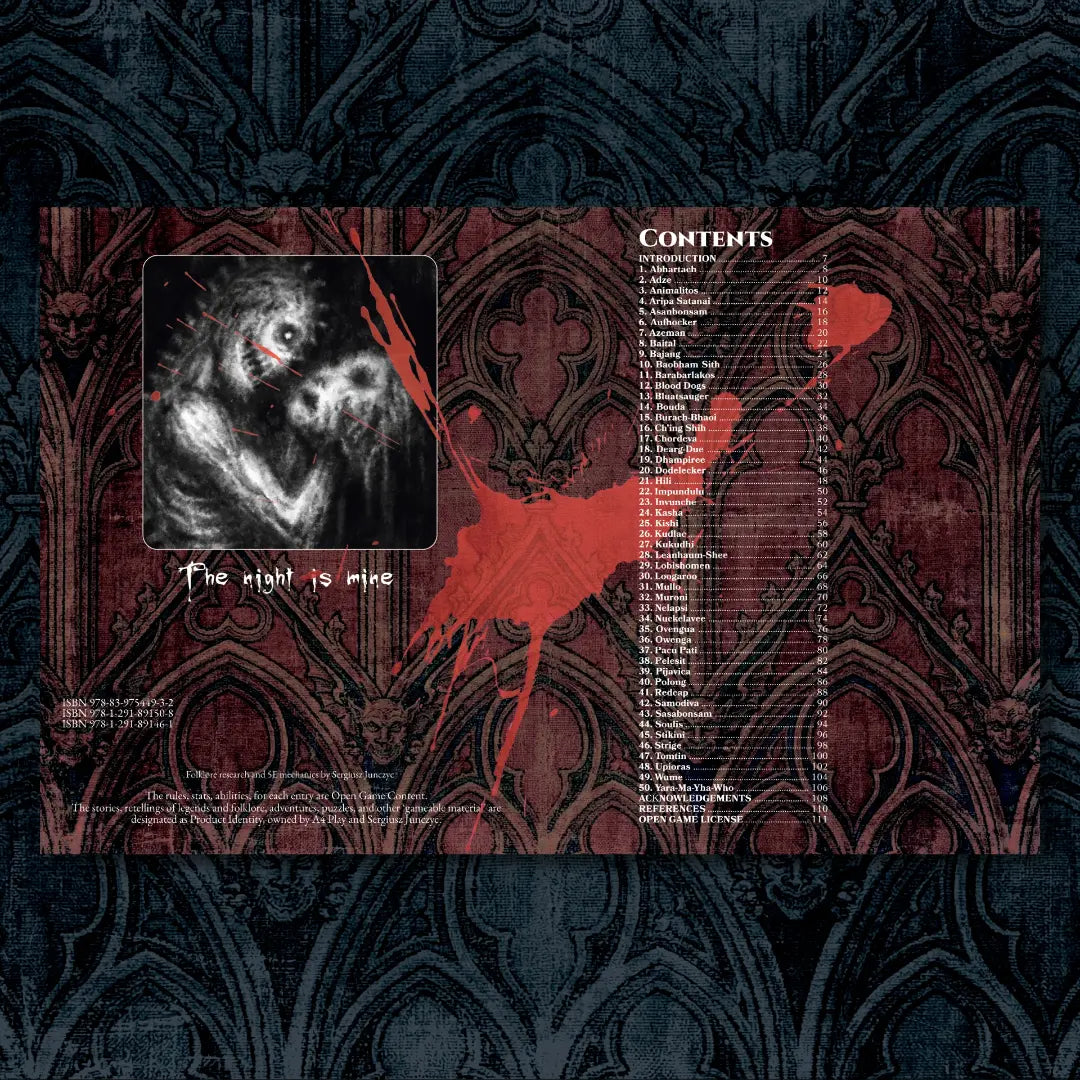 Book spread featuring the Vampire Bestiary 5E, a unique dnd monster resource from the a4play.com collection. The left page shares an organized list of vampire variants and undead with their folklore origins, while the right page presents a guide to their detailed dnd 5e stat blocks and adventure hooks. Perfect for players and collectors searching for dnd books, dnd books 5e, dnd 5e books, d&d monster lore, dnd monsters, d and d monsters, and new dungeons and dragons a4play a4 play a4play.com dnd book