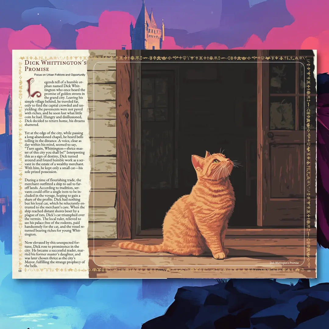 Book spread from an urban folklore RPG book on A4Play.com, featuring a short legend, brief story, and adventure plot hook. Perfect for tabletop RPG campaigns, roleplaying game masters, and players seeking city-based legends, urban myths, and creative scenario ideas. This RPG supplement includes folklore adventure hooks, storytelling inspiration, and campaign resources for exploration, diplomacy, and combat themes. a4play.com