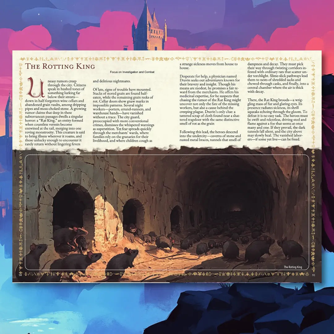 Book spread from an urban folklore RPG book on A4Play.com, featuring a short legend, brief story, and adventure plot hook. Perfect for tabletop RPG campaigns, roleplaying game masters, and players seeking city-based legends, urban myths, and creative scenario ideas. This RPG supplement includes folklore adventure hooks, storytelling inspiration, and campaign resources for exploration, diplomacy, and combat themes. a4play.com
