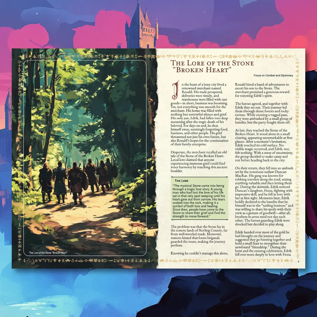 Book spread from an urban folklore RPG book on A4Play.com, featuring a short legend, brief story, and adventure plot hook. Perfect for tabletop RPG campaigns, roleplaying game masters, and players seeking city-based legends, urban myths, and creative scenario ideas. This RPG supplement includes folklore adventure hooks, storytelling inspiration, and campaign resources for exploration, diplomacy, and combat themes. a4play.com