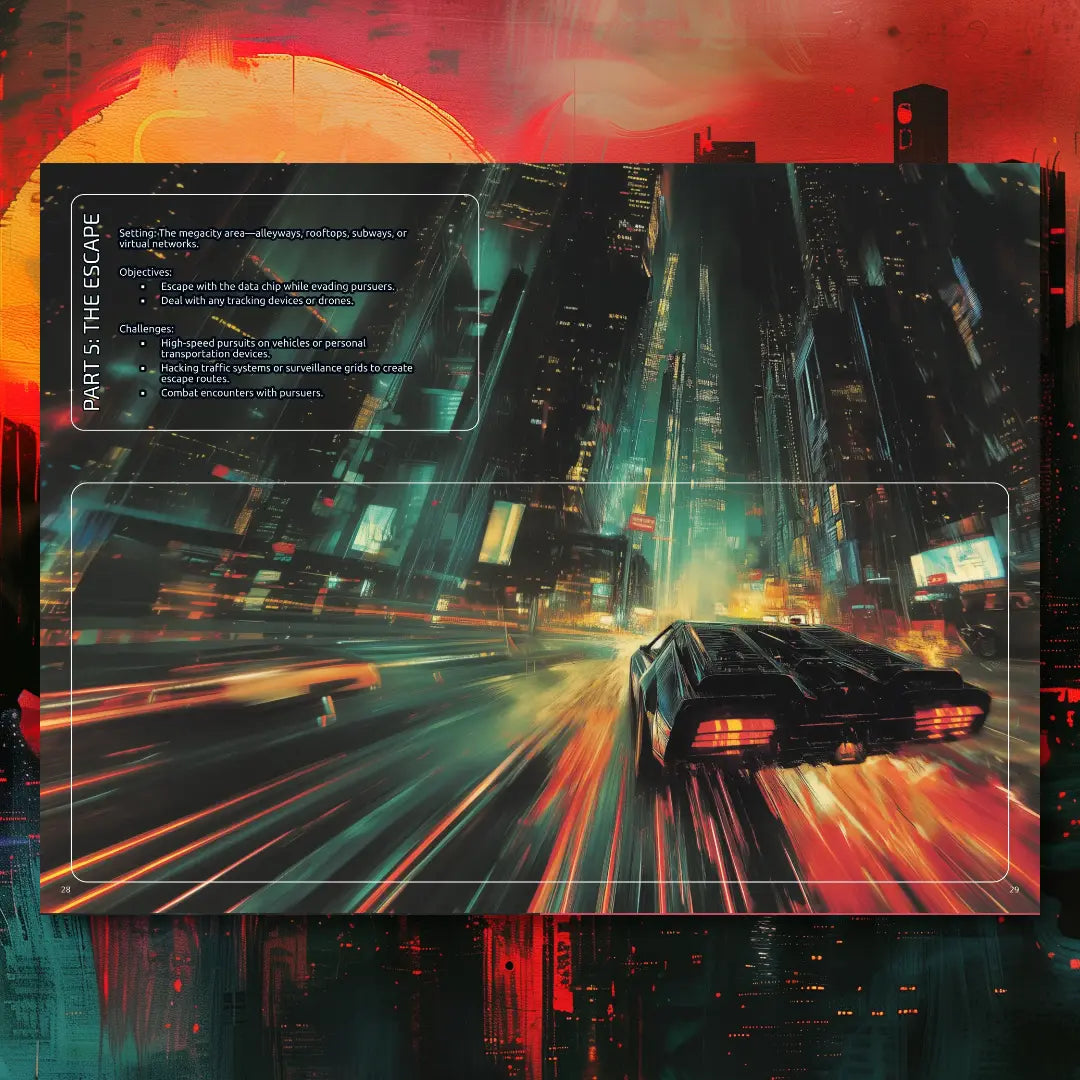 Two-page spread from Cyberpunk Scenarios [1st Book], showing the structure of a single mission scenario, including plot hooks, consequences, and resolution for a cyberpunk ttrpg session. a4play.com