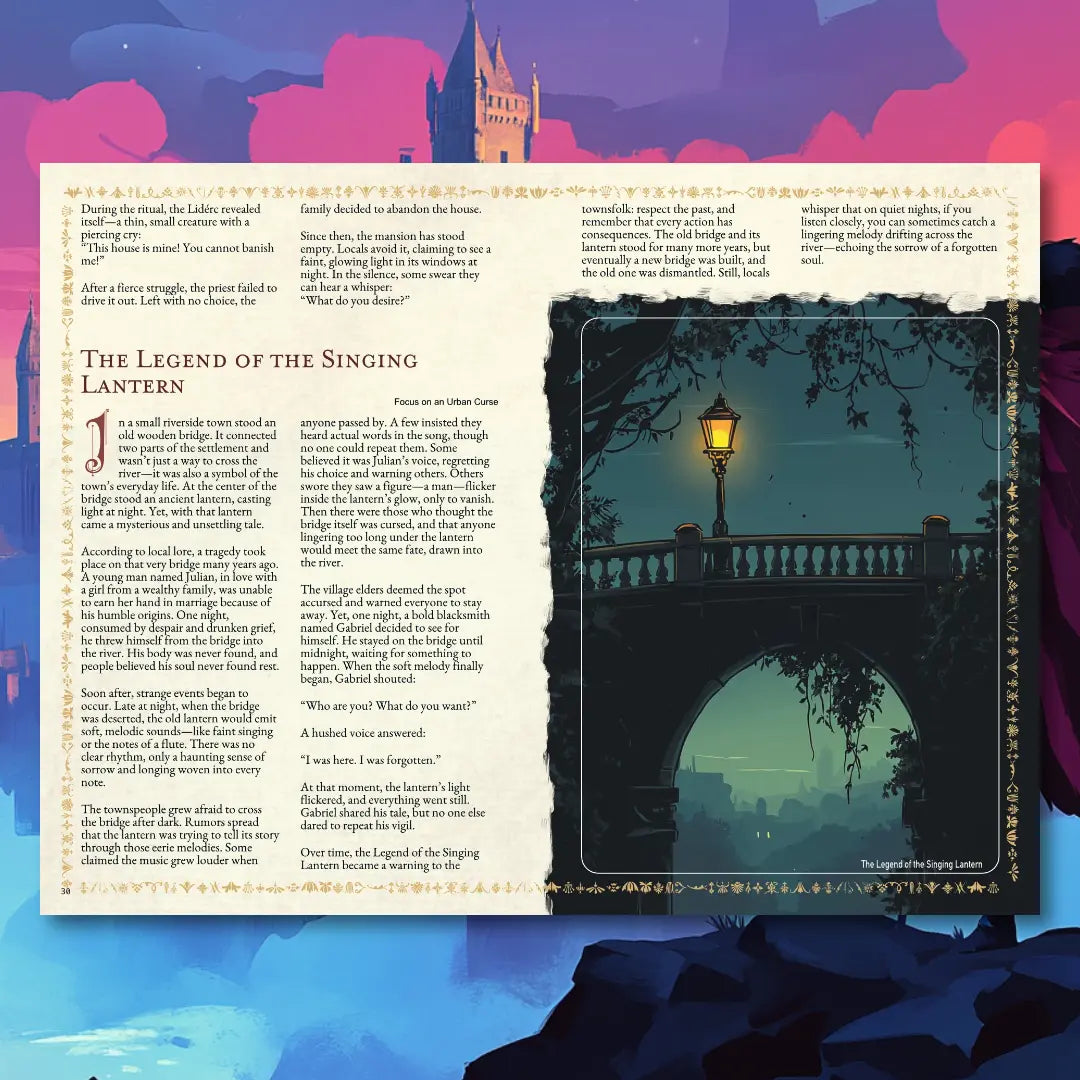 Book spread from an urban folklore RPG book on A4Play.com, featuring a short legend, brief story, and adventure plot hook. Perfect for tabletop RPG campaigns, roleplaying game masters, and players seeking city-based legends, urban myths, and creative scenario ideas. This RPG supplement includes folklore adventure hooks, storytelling inspiration, and campaign resources for exploration, diplomacy, and combat themes. a4play.com