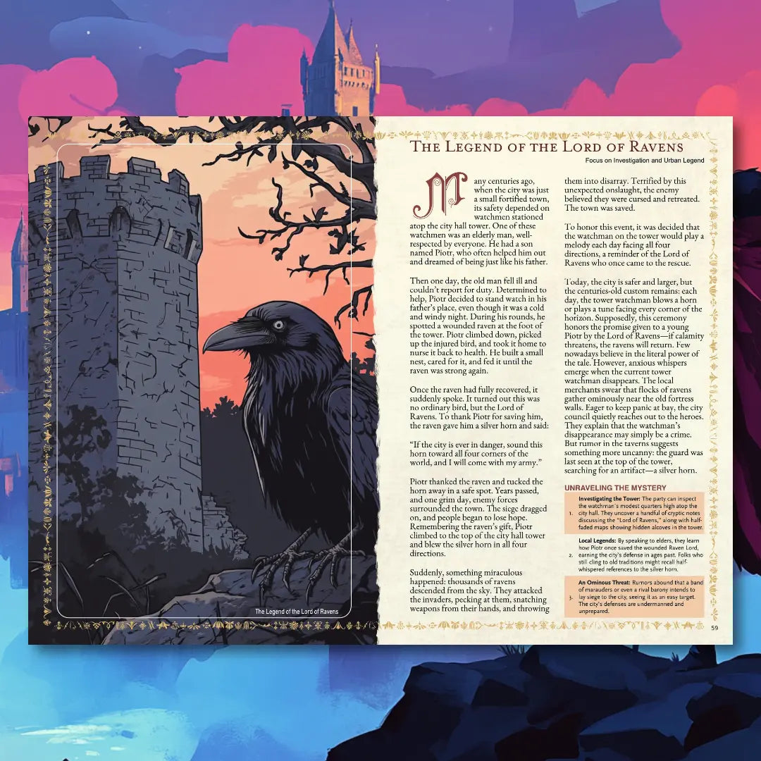 Book spread from an urban folklore RPG book on A4Play.com, featuring a short legend, brief story, and adventure plot hook. Perfect for tabletop RPG campaigns, roleplaying game masters, and players seeking city-based legends, urban myths, and creative scenario ideas. This RPG supplement includes folklore adventure hooks, storytelling inspiration, and campaign resources for exploration, diplomacy, and combat themes.  a4play.com