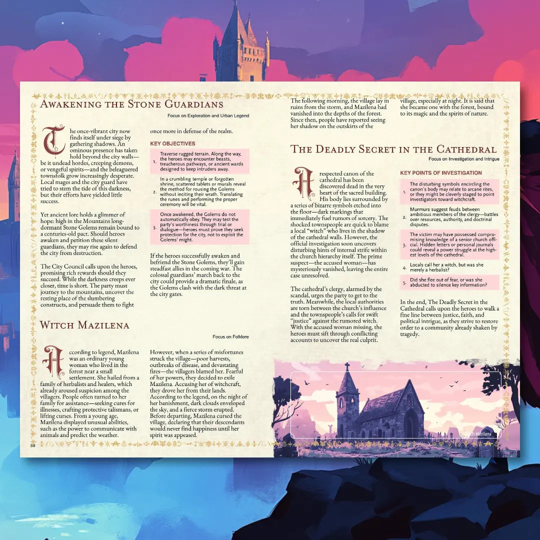 Book spread from an urban folklore RPG book on A4Play.com, featuring a short legend, brief story, and adventure plot hook. Perfect for tabletop RPG campaigns, roleplaying game masters, and players seeking city-based legends, urban myths, and creative scenario ideas. This RPG supplement includes folklore adventure hooks, storytelling inspiration, and campaign resources for exploration, diplomacy, and combat themes. a4play.com