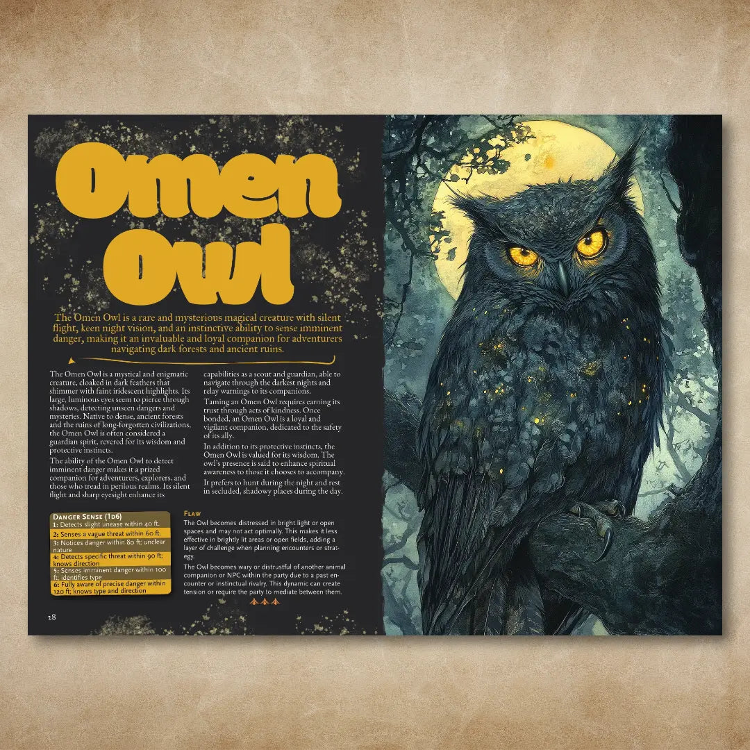 Book spread from "A Bestiary of Companions for 5E" on A4Play.com, featuring the stat block, adventure hooks, and detailed description for the Omen Owl companion. The spread highlights unique creature abilities and creative options for fantasy roleplaying adventures, making it a valuable resource for players and collectors seeking to enrich their campaign with new companion creatures. a4play.com