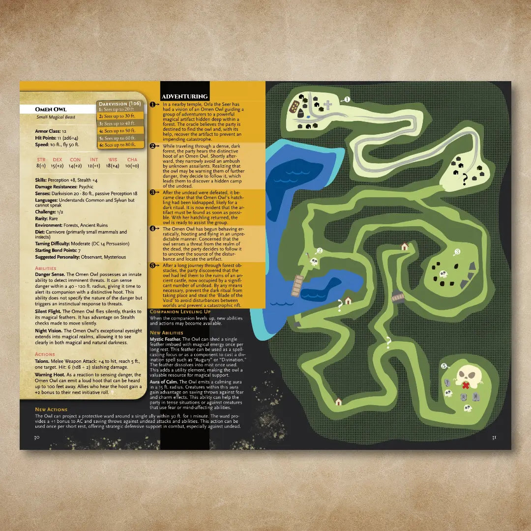 Book spread from “A Bestiary of Companions for 5E” on A4Play.com, featuring a detailed stat block, adventure hooks, and an illustrated fantasy map. Includes unique creature abilities and creative encounter ideas to inspire fantasy tabletop campaigns, making it a valuable resource for players and game masters looking to expand their collection with new companions and adventure content. a4play.com