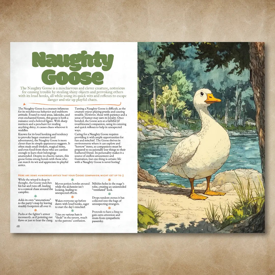 Book spread from “A Bestiary of Companions for 5E” on A4Play.com, featuring a detailed stat block, adventure hooks, and an illustrated fantasy map. Designed to inspire and support fantasy tabletop gaming, this spread presents unique creatures and creative adventure content for enriching roleplaying campaigns and collections.