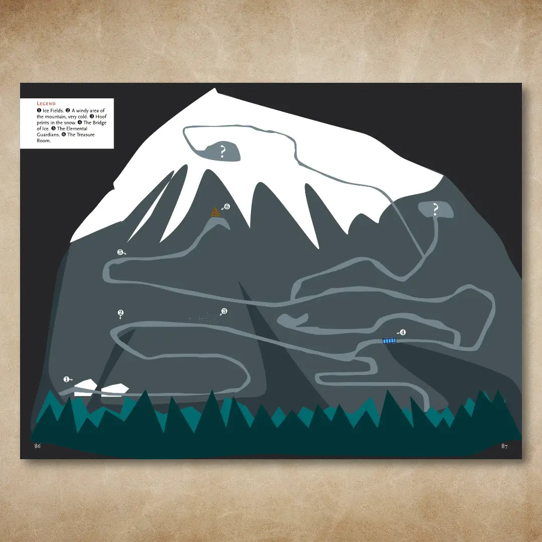 Book spread from "A Bestiary of Companions for 5E" on A4Play.com, featuring a detailed illustrated mountain map designed for tabletop campaigns. The spread includes creative adventure maps, encounter ideas, and new fantasy creatures, providing inspiration and resources for players and game masters looking to enrich their roleplaying adventures.