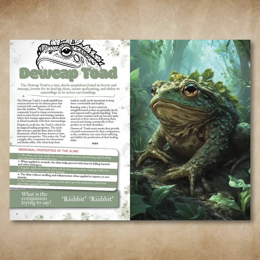 Book spread from "A Bestiary of Companions for 5E" on A4Play.com, showing a detailed illustration and statistics for a giant toad creature. The page includes unique abilities, adventure hooks, and creative companion ideas, making it a valuable resource for players and collectors of fantasy roleplaying materials who enjoy adding new monsters to their campaigns. a4play.com