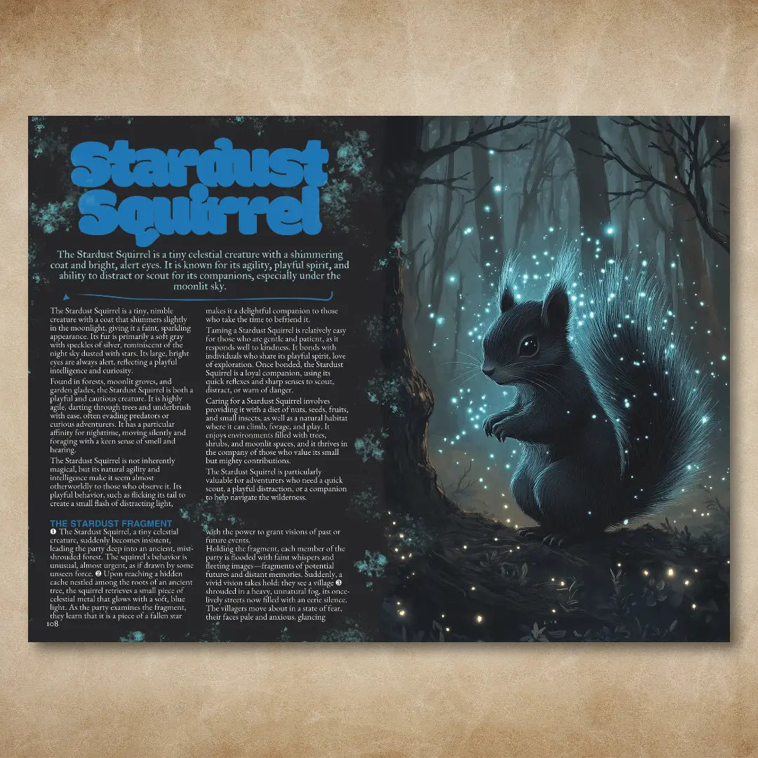 Book spread from "A Bestiary of Companions for 5E" on A4Play.com, showing a detailed companion description, unique abilities, and fantasy creature illustration. Designed to provide new options, creative creatures, and inspiration for fantasy tabletop roleplaying campaigns and collections. a4play.com