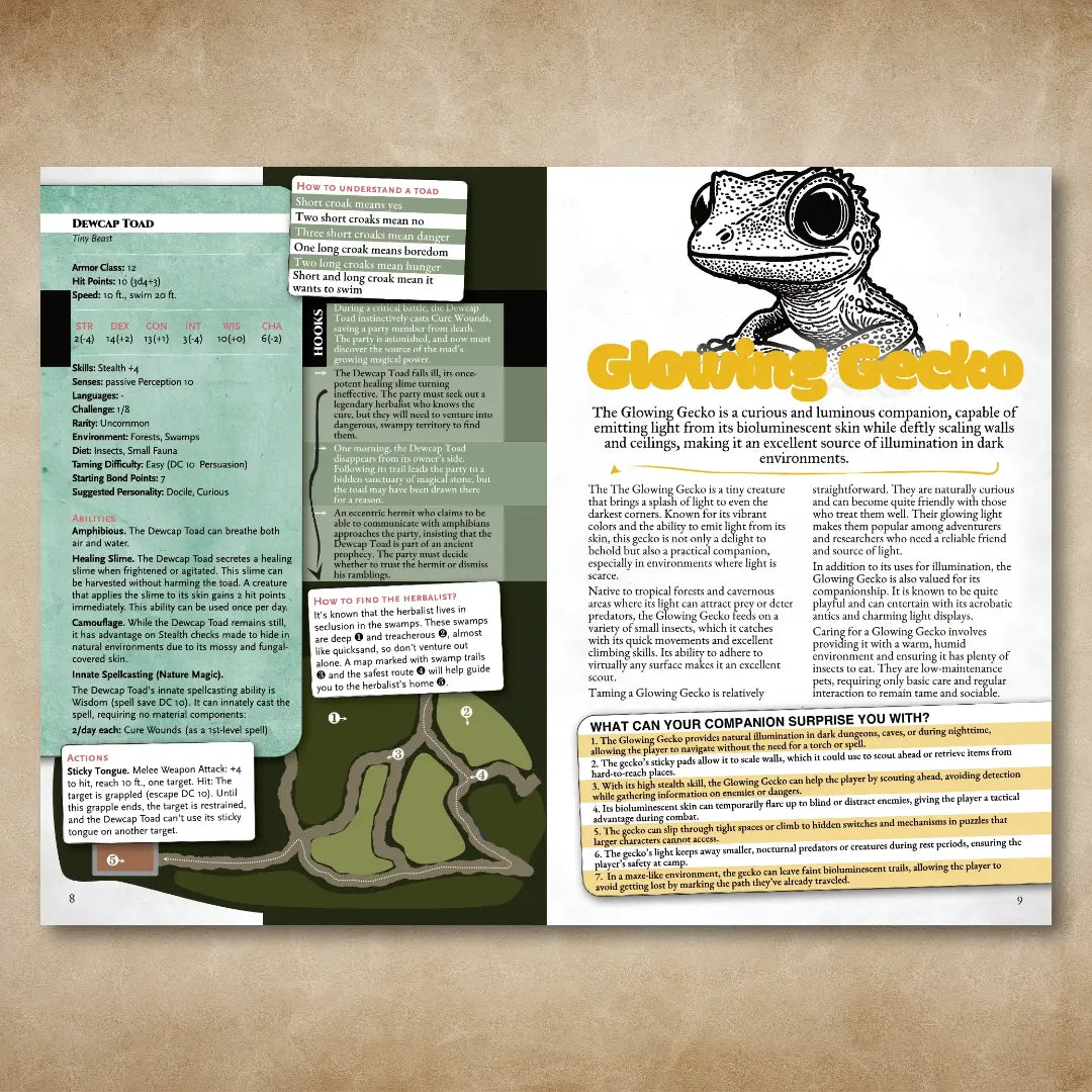 Book spread from "A Bestiary of Companions for 5E" on A4Play.com, featuring the stat block, adventure hooks, and companion description for the Glowing Gecko. Includes unique creature abilities and creative options for fantasy campaigns and roleplaying adventures, making it a valuable resource for players and collectors of fantasy bestiaries. a4play.com