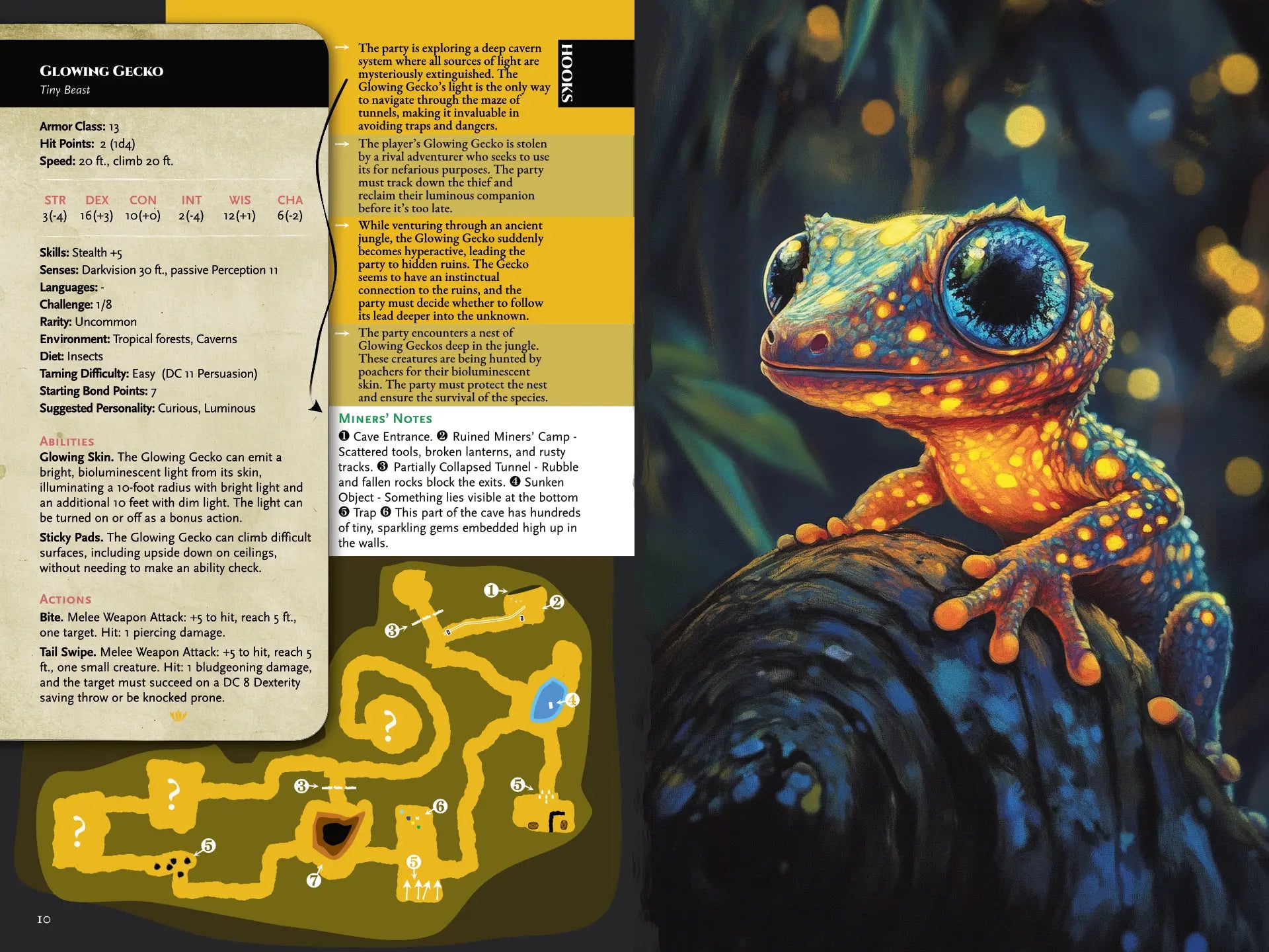 Book spread from "A Bestiary of Companions for 5E" on A4Play.com, featuring a detailed illustration, stat block, adventure hooks, and companion description for the Glowing Gecko. Includes unique abilities and creative options for fantasy campaigns and roleplaying adventures, designed for those seeking new monsters and companion ideas for their game.