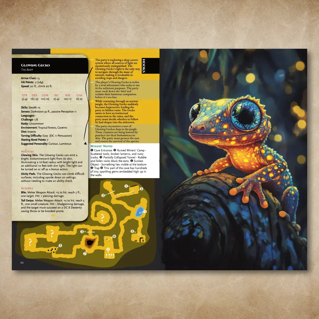 Book spread from "A Bestiary of Companions for 5E" on A4Play.com, featuring a detailed illustration, stat block, adventure hooks, and companion description for the Glowing Gecko. Includes unique abilities and creative options for fantasy campaigns and roleplaying adventures, designed for those seeking new monsters and companion ideas for their game. a4play.com