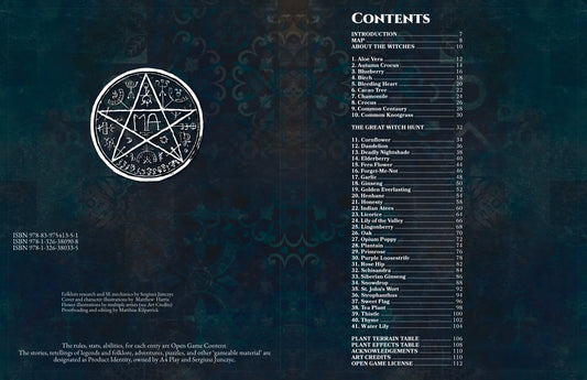 Contents page from “Witch’s Herbs 5E” on a4play.com, listing plants, potion recipes, and icons for Healing, Alchemical, and Magical properties. Features section headings for 5e tool, dnd magic items, potions, herbalism kit, and amulet of health, all framed by decorative botanical borders. 