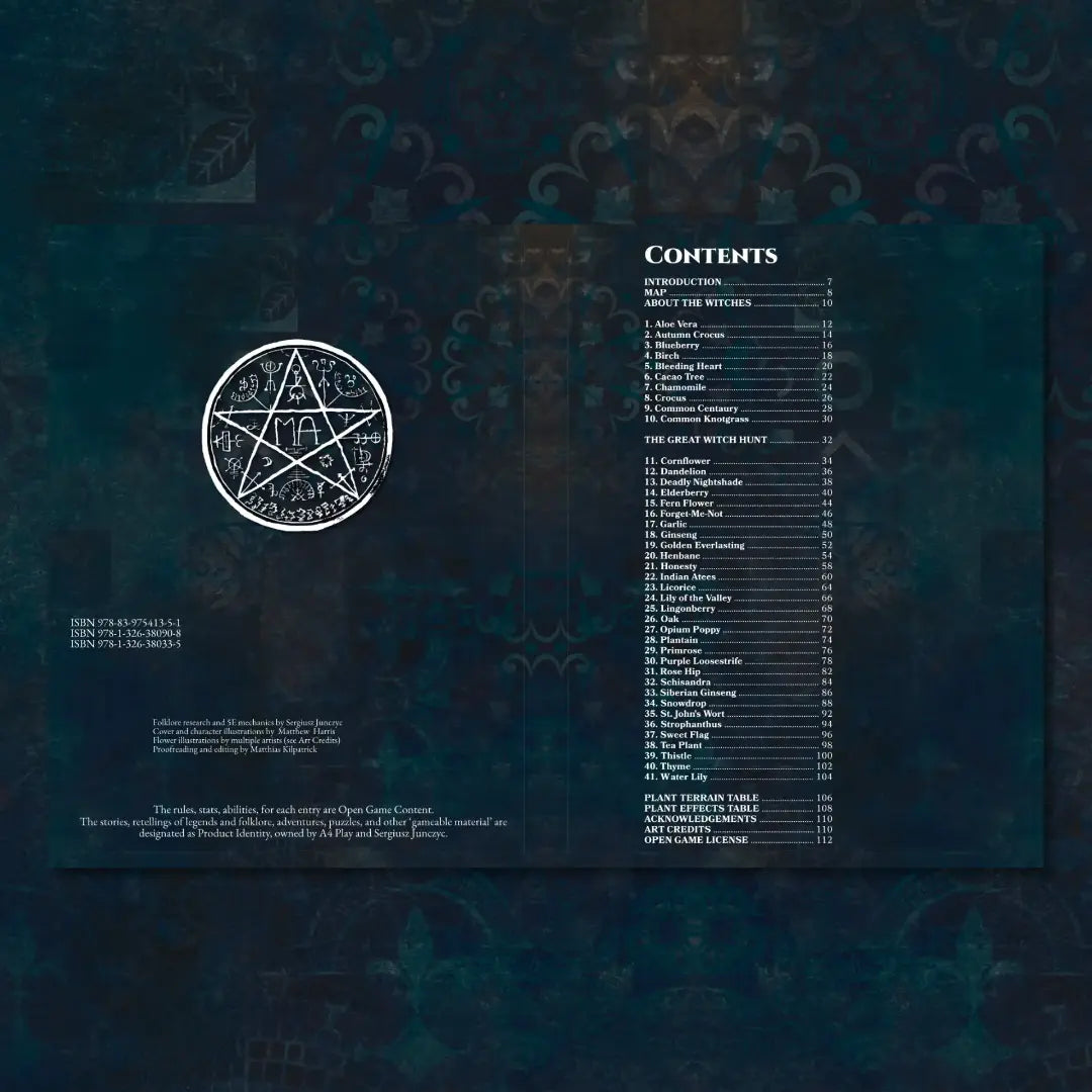 Book spread featuring Witch’s Herbs 5E, a unique dnd resource from the a4play.com collection. The left page shares botanical lore, plant listings, and potion recipes, while the right page presents mechanics for dnd magic items, the herbalism kit, and alchemical properties. Perfect for players and collectors searching for dnd books, dnd books 5e, dnd 5e books, d&d magic item lore, dnd potions, d and d mechanics, and new dungeons and dragons content to expand their tabletop campaigns; a4play.com