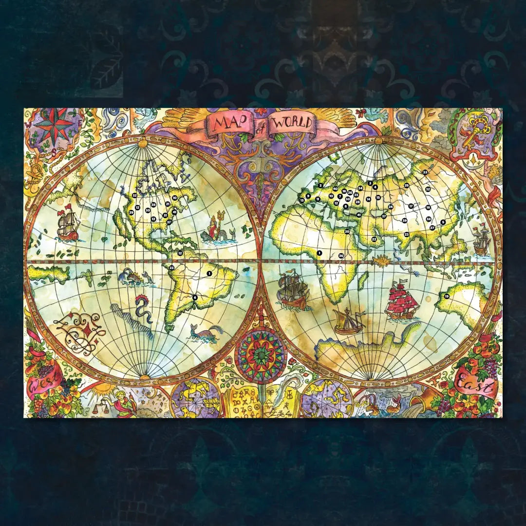 Book spread featuring an illustrated herb map, a unique dnd tool from the Witch’s Herbs 5E book. The left page shares detailed landscapes of forests, mountains, and rivers, while the right page presents icons and locations for harvesting magical herbs and potion ingredients. Perfect for players and collectors searching for dnd books, dnd books 5e, dnd 5e books, dnd magic items, 5e herbalism kit, dnd potions, health potion dnd 5e, and alchemy dnd to expand their tabletop campaigns; a4play.com