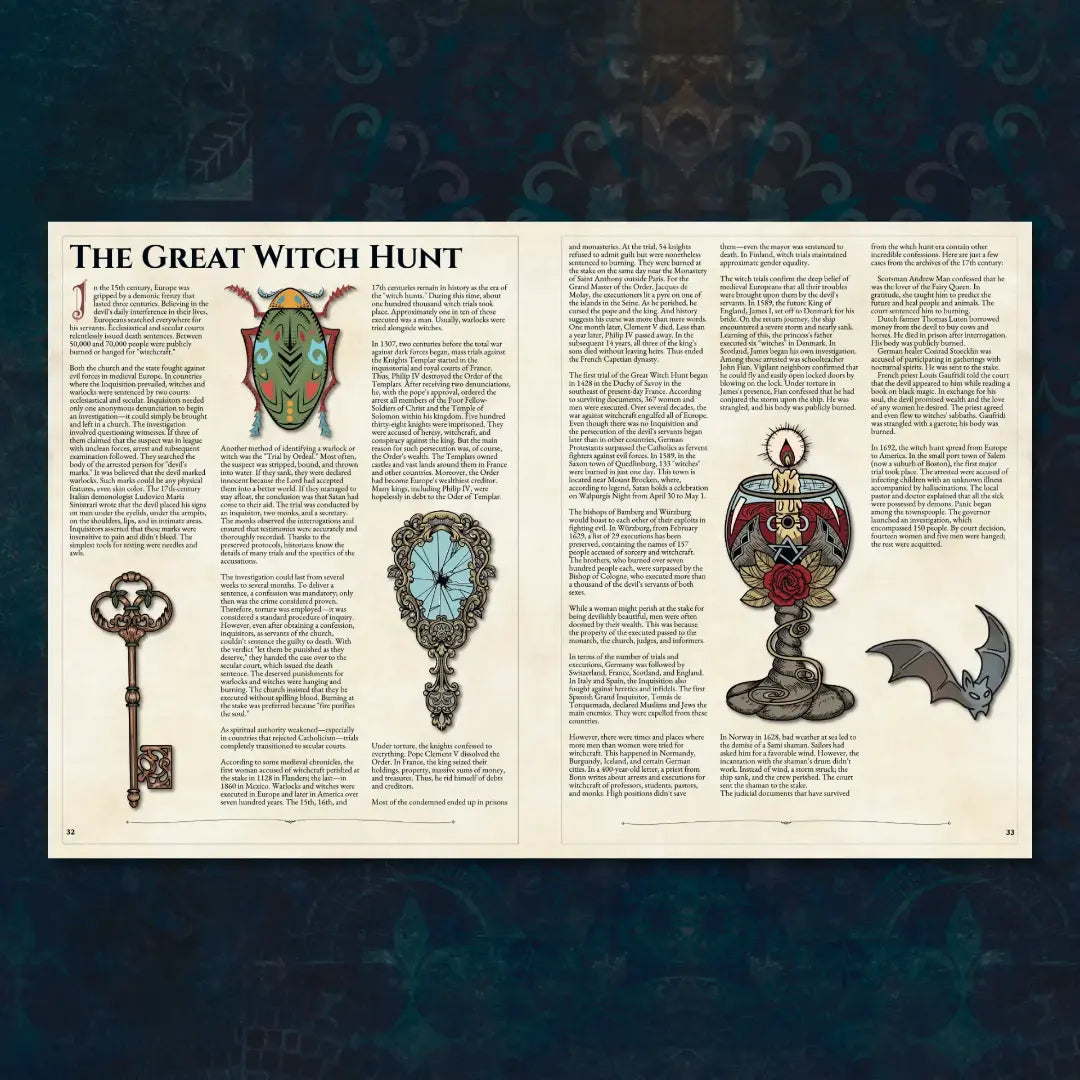 Book spread featuring herbalism and potion crafting, a unique dnd resource from the Witch’s Herbs 5E book. The left page shares lore and illustrations of magical plant gathering and folklore, while the right page presents detailed mechanics for the 5e herbalism kit, alchemy dnd, and crafting dnd potions. Perfect for players and collectors searching for dnd books, dnd books 5e, dnd 5e books, 5e tool, dnd magic items, dnd craft, and new dungeons and dragons content to expand their tabletop campaig; a4play.com