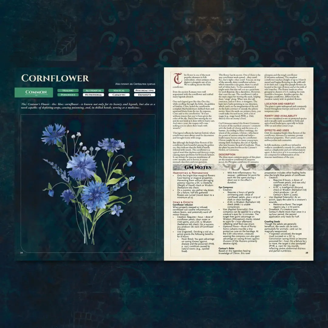 Book spread featuring Cornflower, a unique dnd magical herb from the Witch’s Herbs 5E book. The left page shares the herb’s folklore, origins, and botanical lore, while the right page presents detailed mechanics for the 5e herbalism kit, crafting dnd potions, and its use in dnd magic items. Perfect for players and collectors searching for dnd books, dnd books 5e, dnd 5e books, 5e tool, dnd potions, 5e herbalism kit, health potion dnd 5e, and new dungeons and dragons content to expand their a4play.com