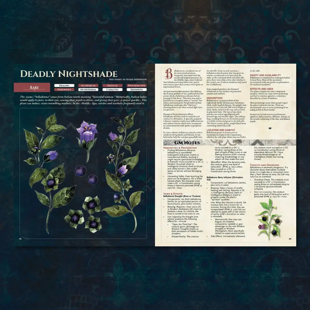 Book spread featuring Nightshade, a unique dnd magical herb from the Witch’s Herbs 5E book. The left page shares the herb’s folklore, origins, and botanical lore, while the right page presents detailed mechanics for the 5e herbalism kit, crafting dnd potions, and alchemy dnd. Perfect for players and collectors searching for dnd books, dnd books 5e, dnd 5e books, 5e tool, dnd potions, dnd magic items, health potion dnd 5e, and new dungeons and dragons content to expand their tabletop campaigns; a4play.com
