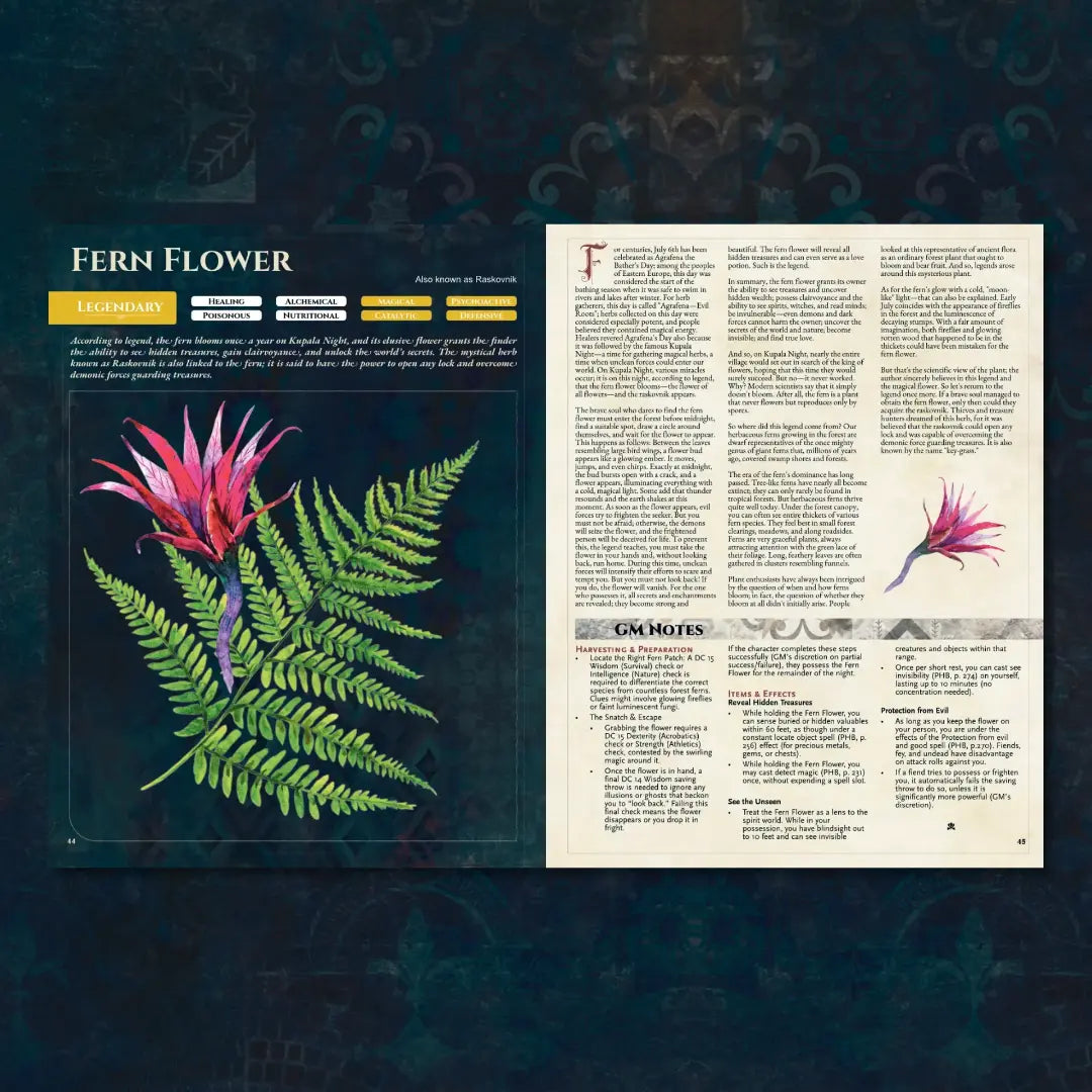 Book spread featuring the Fern Flower, a unique dnd magical herb from the Witch’s Herbs 5E book. The left page shares the herb’s folklore, origins, and botanical lore, while the right page presents detailed mechanics for the 5e herbalism kit, crafting dnd potions, and magic items 5e. Perfect for players and collectors searching for dnd books, dnd books 5e, dnd 5e books, 5e tool, dnd potions, alchemy dnd, and new dungeons and dragons content to expand their tabletop campaigns; a4play.com
