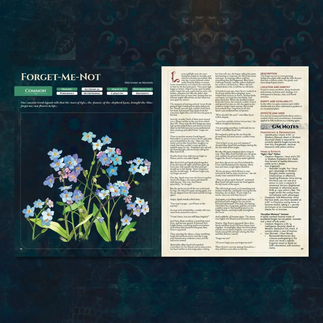 Book spread featuring Forget-me-not, a unique dnd magical herb from the Witch’s Herbs 5E book. The left page shares the herb’s folklore, origins, and botanical lore, while the right page presents detailed mechanics for the 5e herbalism kit, crafting dnd potions, and its use in dnd magic items. Perfect for players and collectors searching for dnd books, dnd books 5e, dnd 5e books, 5e tool, dnd potions, health potion dnd 5e, and new dungeons and dragons content to expand their tabletop campaigns; a4play.com