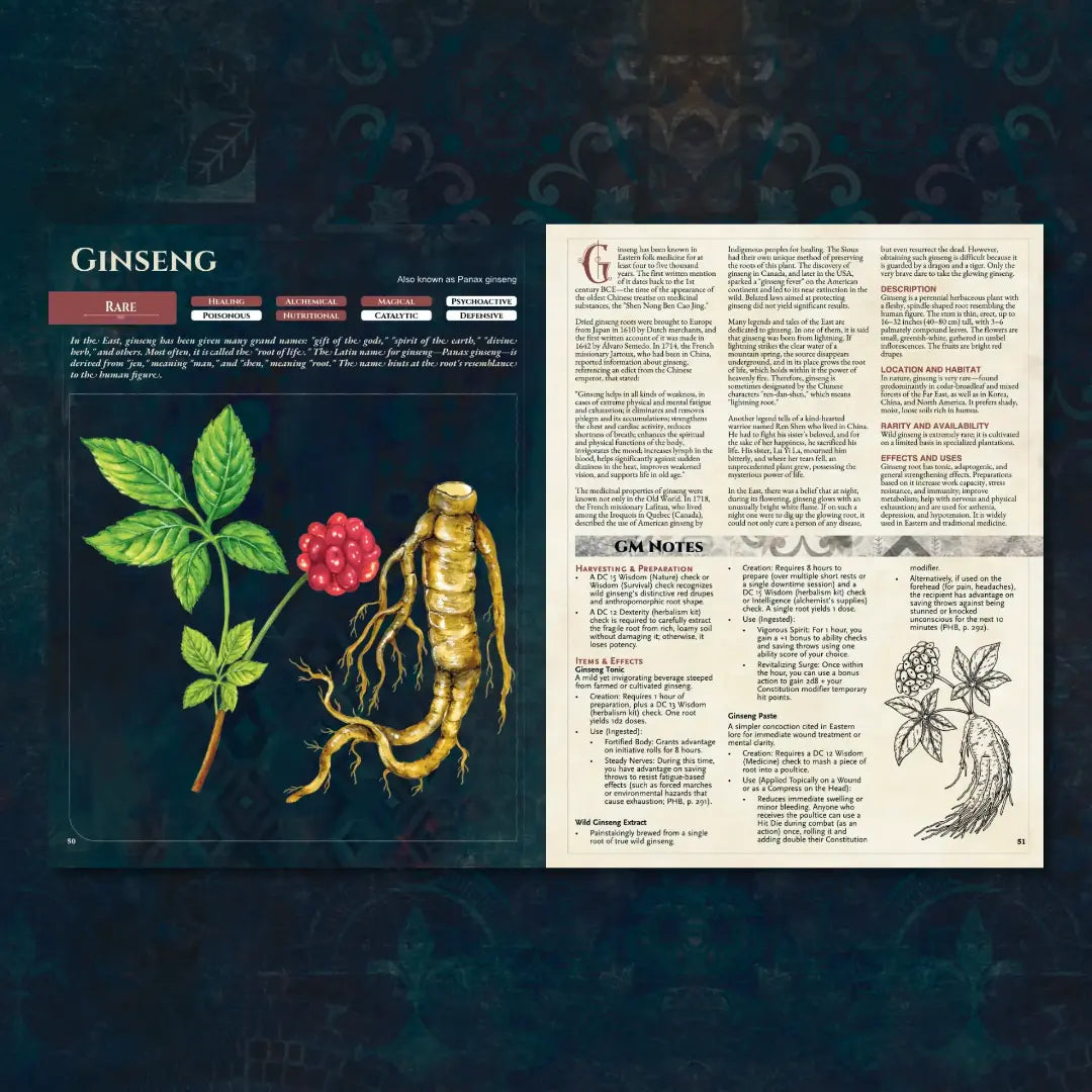 Book spread featuring Ginseng, a unique dnd magical herb from the Witch’s Herbs 5E book. The left page shares the herb’s folklore, origins, and botanical lore, while the right page presents detailed mechanics for the 5e herbalism kit, crafting dnd potions, and its use in magic items 5e. Perfect for players and collectors searching for dnd books, dnd books 5e, dnd 5e books, 5e tool, dnd potions, health potion dnd 5e, and new dungeons and dragons content to expand their tabletop campaigns; a4play.com