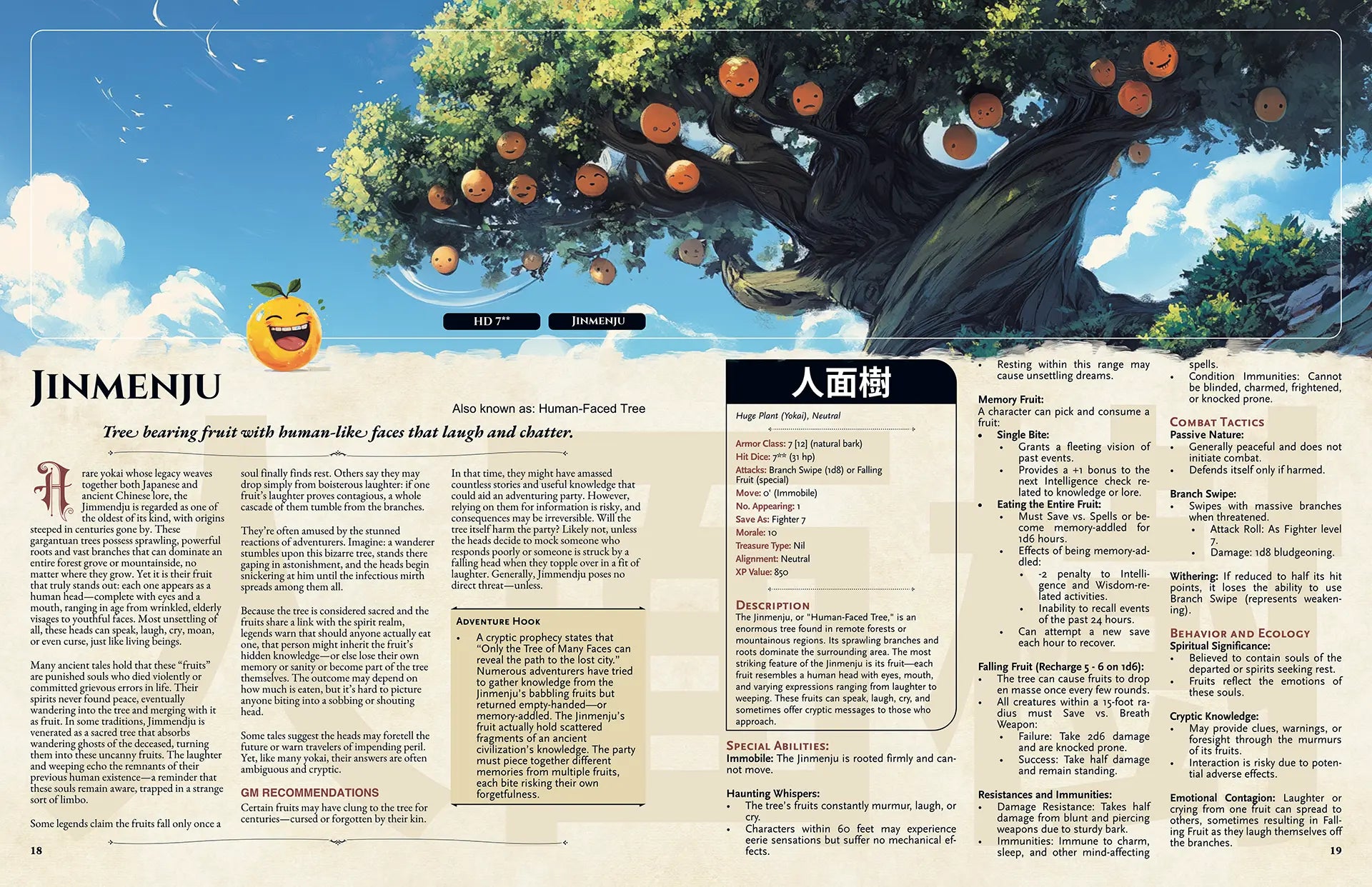 Book spread from the Yokai Bestiary dnd book featuring the dnd monster Jimenju, with a detailed legend and 5e stat block. This supplement for dnd 5e books is inspired by Japanese folklore and offers unique dnd monsters, adventure hooks, and rich lore. Perfect for those expanding their dnd books 5e or d and d monsters collections and looking for new dungeons and dragons monsters for campaigns. a4play.com