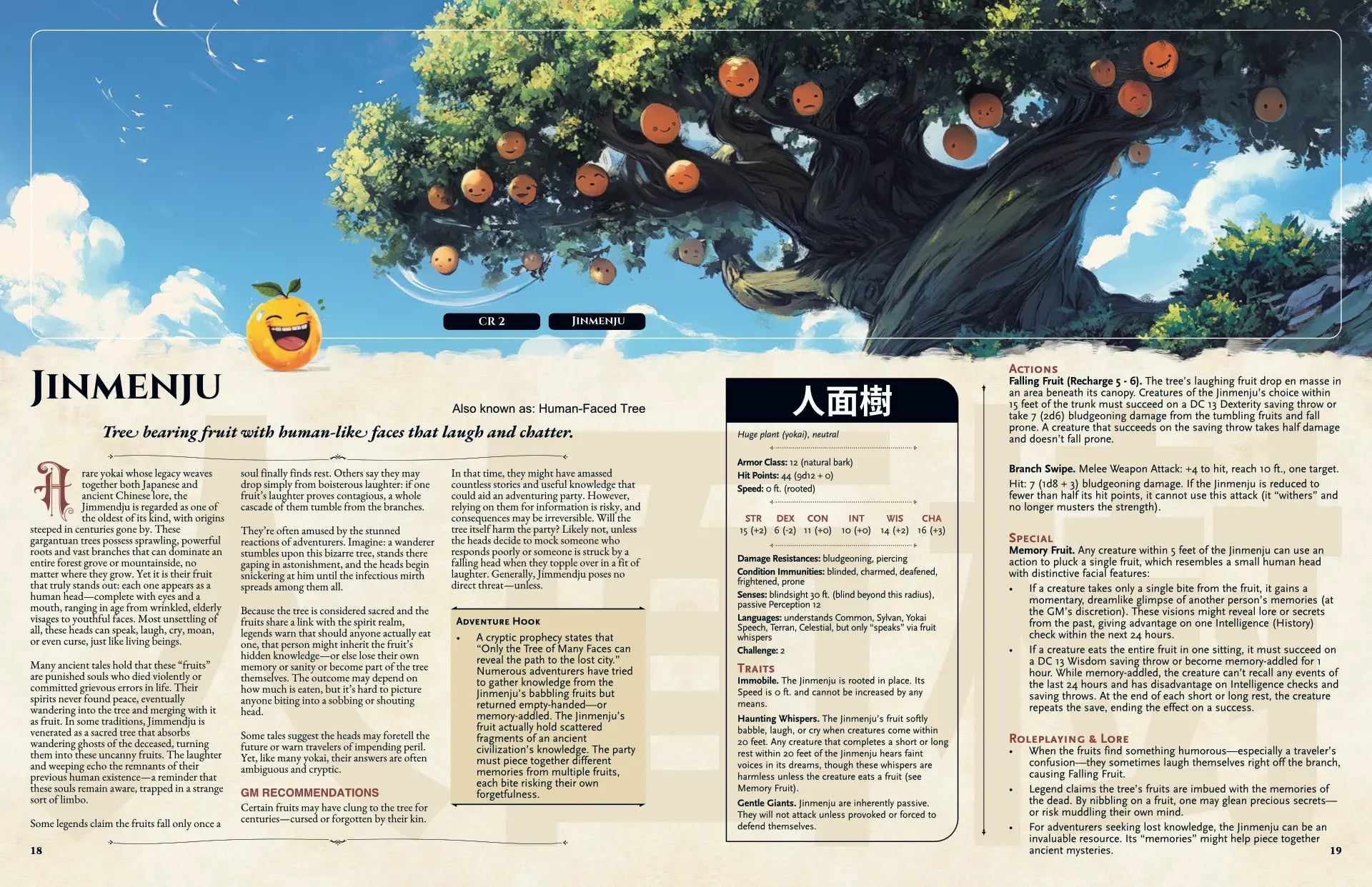 Book spread featuring Jinmenju, a unique dnd monster from Yokai Bestiary dnd 5e book. The left page presents Jinmenju’s legend, origins, and folklore, while the right page displays a detailed dnd 5e stat block and adventure hooks. Perfect resource for players and collectors looking for dnd books, dnd 5e books, dnd books 5e, d&d monster lore, dnd monsters, d and d monsters, and new dungeons and dragons monsters to enrich campaigns and expand dnd libraries; a4play.com