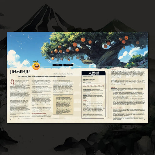 Book spread featuring Jinmenju, a unique dnd monster from Yokai Bestiary dnd 5e book. The left page presents Jinmenju’s legend, origins, and folklore, while the right page displays a detailed dnd 5e stat block and adventure hooks. Perfect resource for players and collectors looking for dnd books, dnd 5e books, dnd books 5e, d&d monster lore, dnd monsters, d and d monsters, and new dungeons and dragons monsters to enrich campaigns and expand dnd libraries; a4play.com