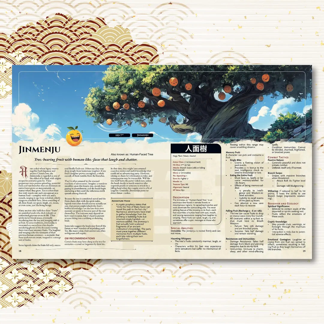 Book spread from the Yokai Bestiary dnd book featuring the dnd monster Jimenju, with a detailed legend and 5e stat block. This supplement for dnd 5e books is inspired by Japanese folklore and offers unique dnd monsters, adventure hooks, and rich lore. Perfect for those expanding their dnd books 5e or d and d monsters collections and looking for new dungeons and dragons monsters for campaigns. a4play.com