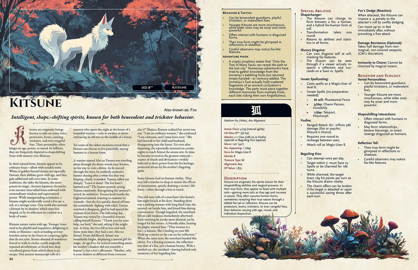 Book spread from the Yokai Bestiary dnd book featuring the dnd monster Kitsune, complete with a folklore legend and 5e stat block. This supplement is perfect for fans of dnd books, dnd 5e books, and those looking for new dnd monsters, d and d monsters, and dungeons and dragons monsters based on Japanese mythology for their campaigns. a4play.com
