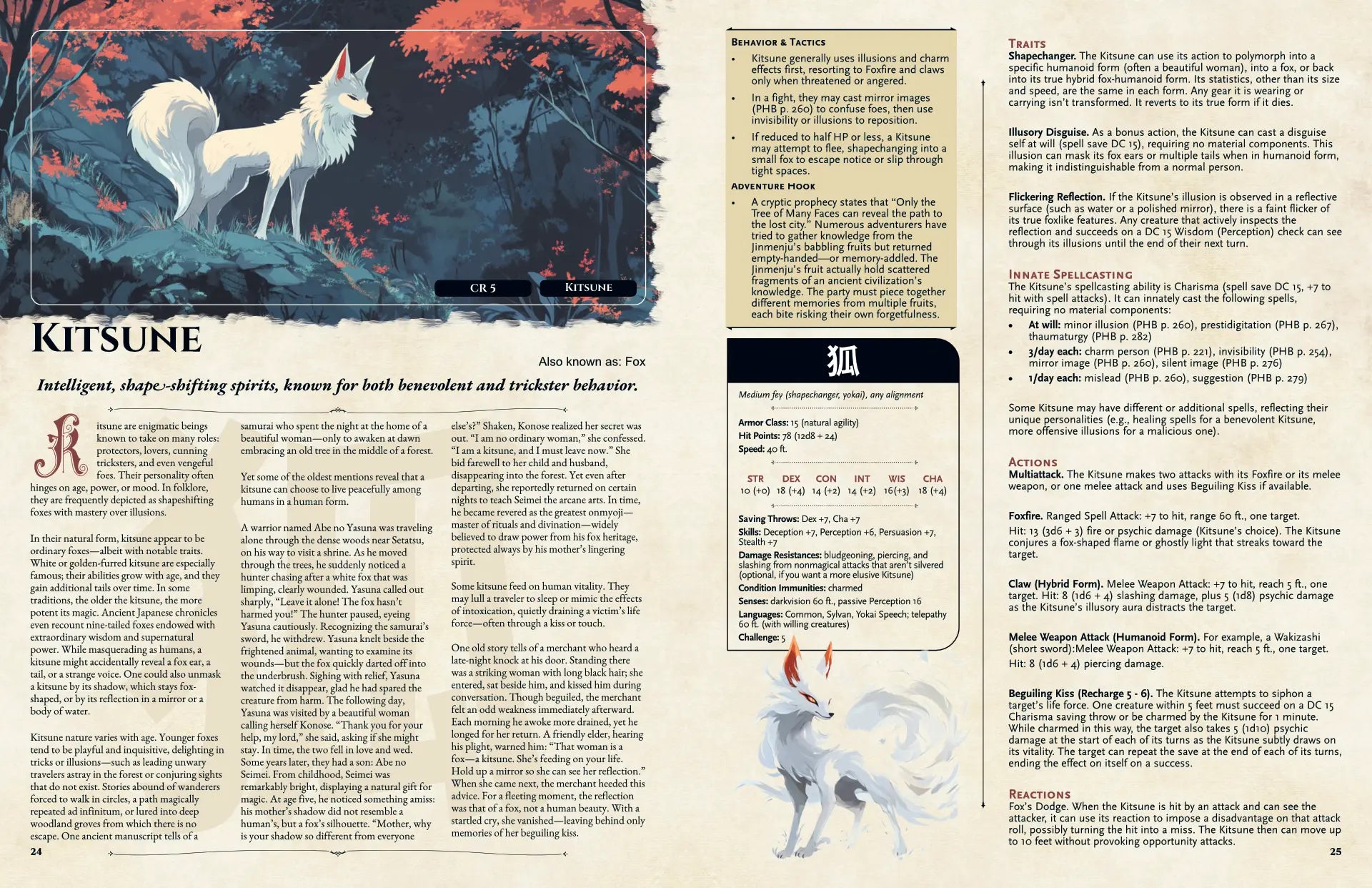 Book spread featuring Kitsune, a mystical dnd monster from the Yokai Bestiary dnd 5e book. The left page reveals the Kitsune’s legend and unique folklore, while the right page offers a detailed dnd 5e stat block and adventure hooks. Perfect for fans and collectors searching for dnd books, dnd 5e books, dnd books 5e, dnd monsters, d&d monster lore, d and d monsters, and new dungeons and dragons monsters to enrich their tabletop adventures. a4play.com