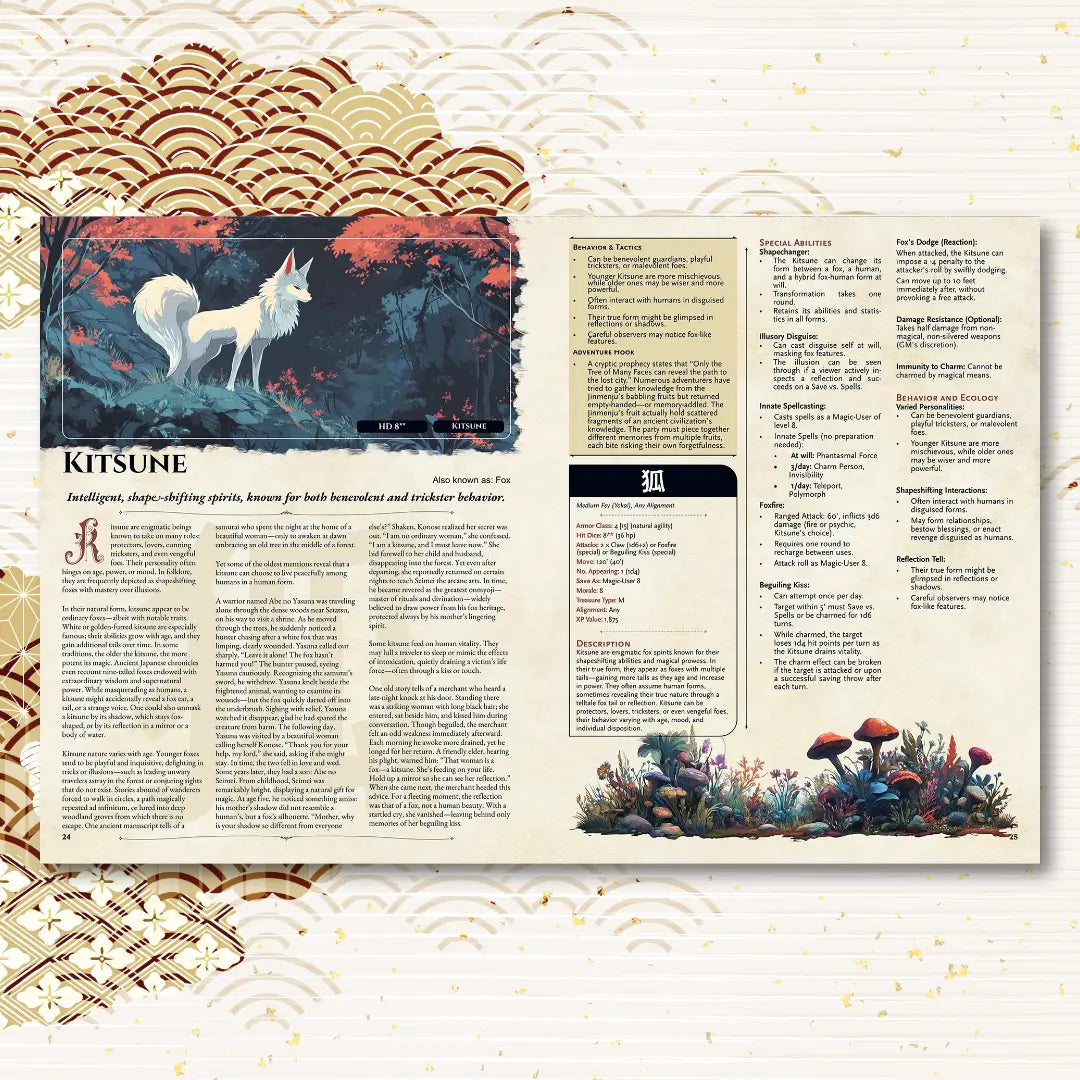 Book spread from the Yokai Bestiary dnd book featuring the dnd monster Kitsune, complete with a folklore legend and 5e stat block. This supplement is perfect for fans of dnd books, dnd 5e books, and those looking for new dnd monsters, d and d monsters, and dungeons and dragons monsters based on Japanese mythology for their campaigns. a4play.com