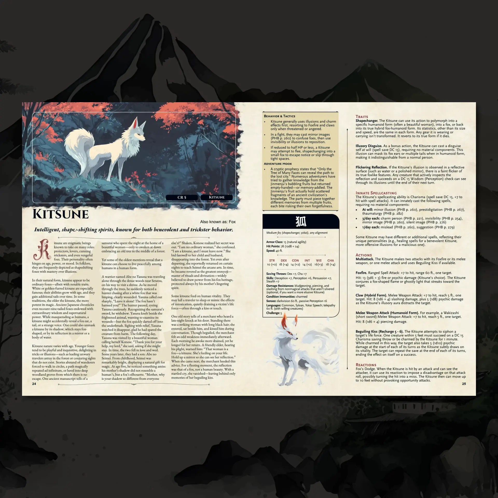 Book spread featuring Kitsune, a mystical dnd monster from the Yokai Bestiary dnd 5e book. The left page reveals the Kitsune’s legend and unique folklore, while the right page offers a detailed dnd 5e stat block and adventure hooks. Perfect for fans and collectors searching for dnd books, dnd 5e books, dnd books 5e, dnd monsters, d&d monster lore, d and d monsters, and new dungeons and dragons monsters to enrich their tabletop adventures. a4play.com