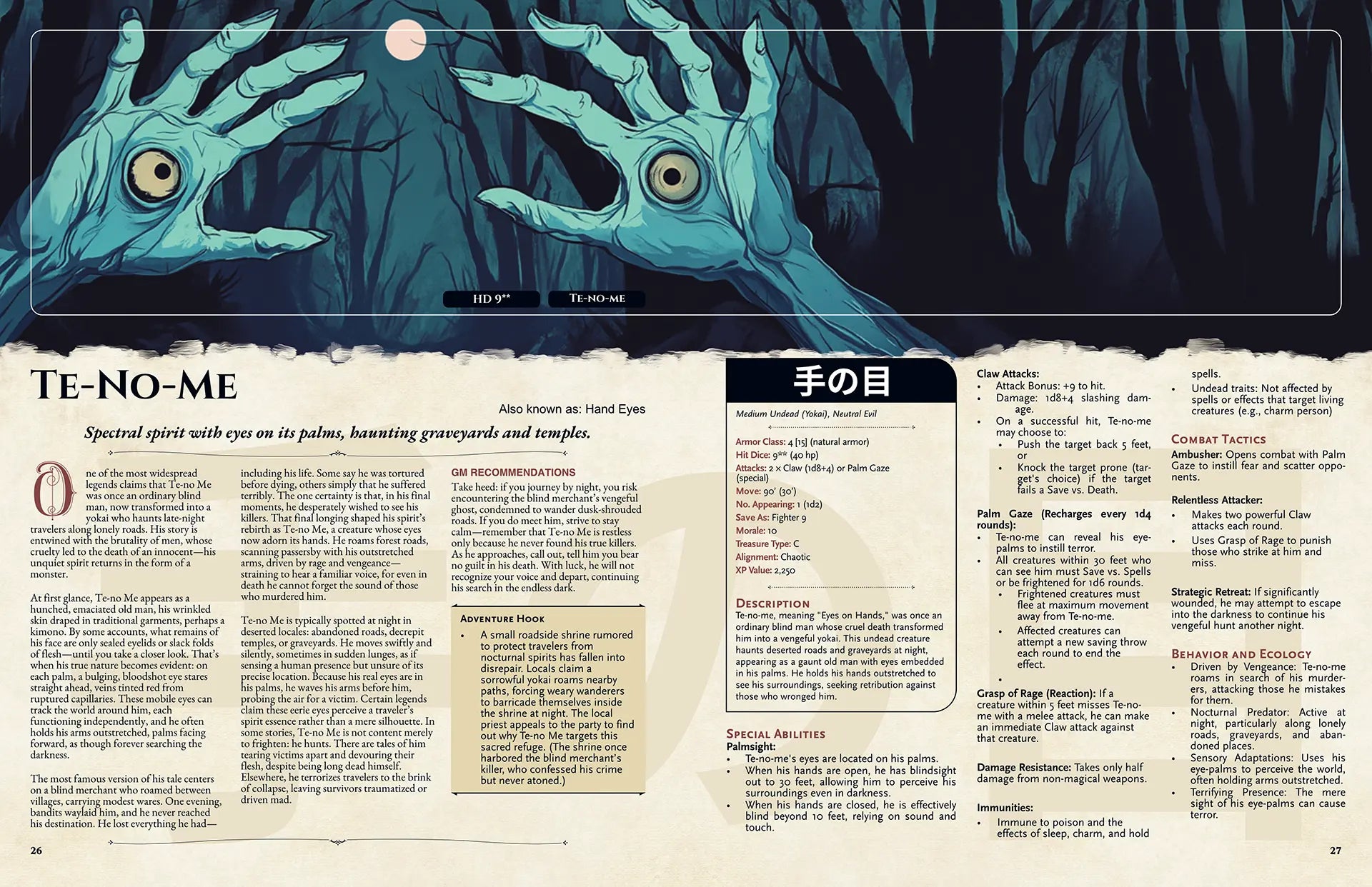 Book spread from the Yokai Bestiary dnd book featuring the dnd monster Te-no-me, with a detailed legend and 5e stat block. This supplement for dnd 5e books is inspired by Japanese folklore and offers unique dnd monsters, new story hooks, and creative lore. Perfect for expanding your collection of dnd books 5e, d and d monsters, and dungeons and dragons monsters for tabletop adventures. a4play.com