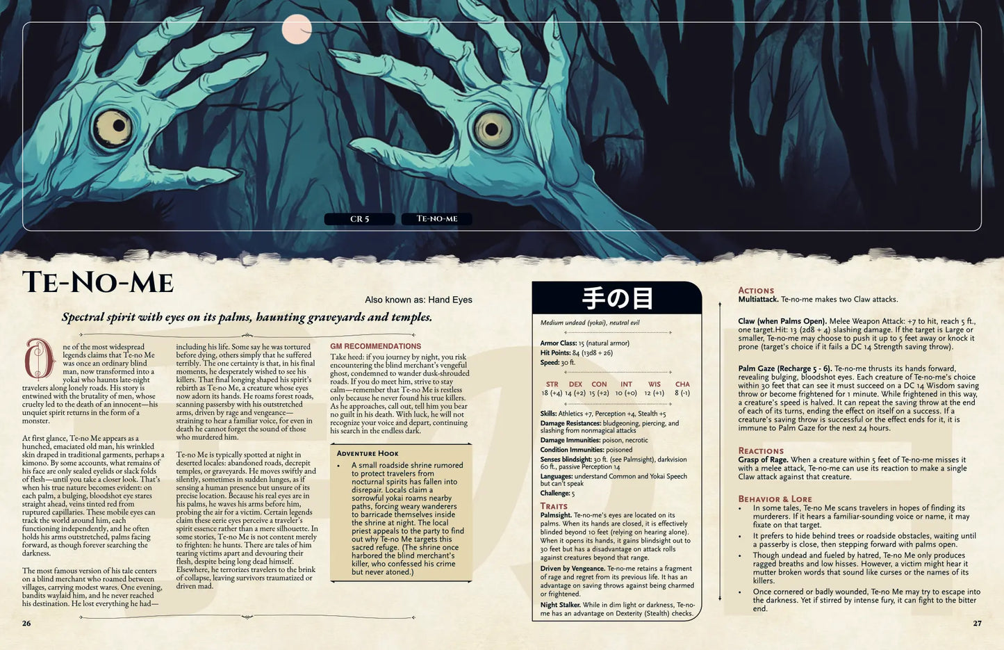 Book spread featuring Tenome, a unique dnd monster from the Yokai Bestiary dnd 5e book. The left page shares Tenome’s legend, origins, and folklore, while the right page presents a detailed dnd 5e stat block and adventure hooks. Perfect for players and collectors searching for dnd books, dnd books 5e, dnd 5e books, d&d monster lore, dnd monsters, d and d monsters, and new dungeons and dragons monsters to expand their tabletop campaigns; a4play.com