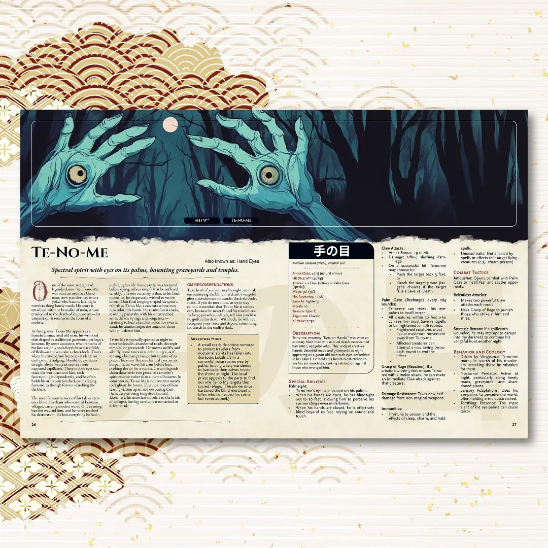 Book spread from the Yokai Bestiary dnd book featuring the dnd monster Te-no-me, with a detailed legend and 5e stat block. This supplement for dnd 5e books is inspired by Japanese folklore and offers unique dnd monsters, new story hooks, and creative lore. Perfect for expanding your collection of dnd books 5e, d and d monsters, and dungeons and dragons monsters for tabletop adventures. a4play.com